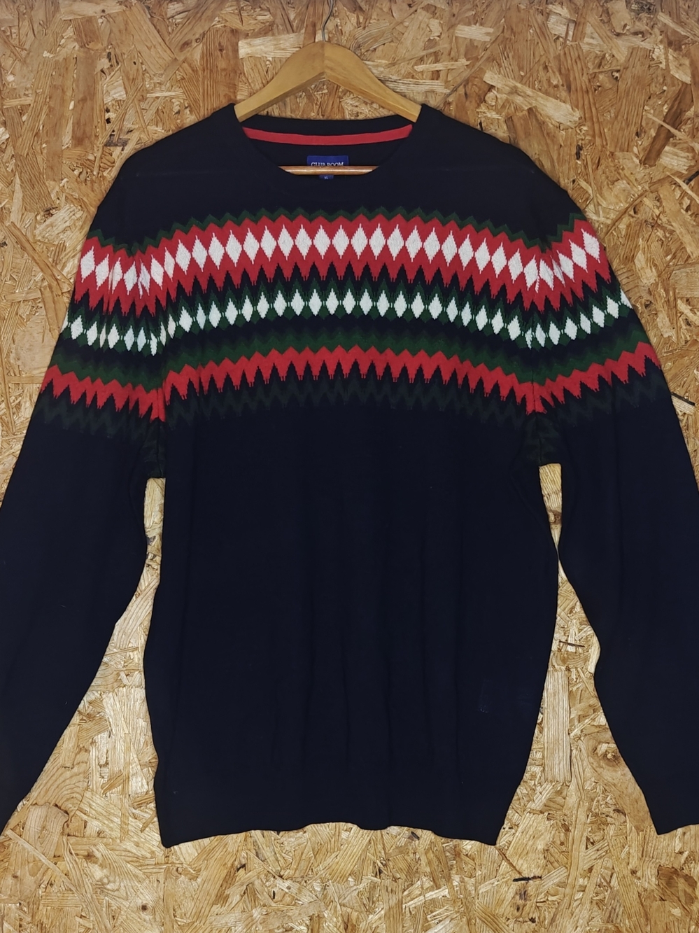Club Room Fair Isle Black Crewneck Sweater with Red, Green & White XL